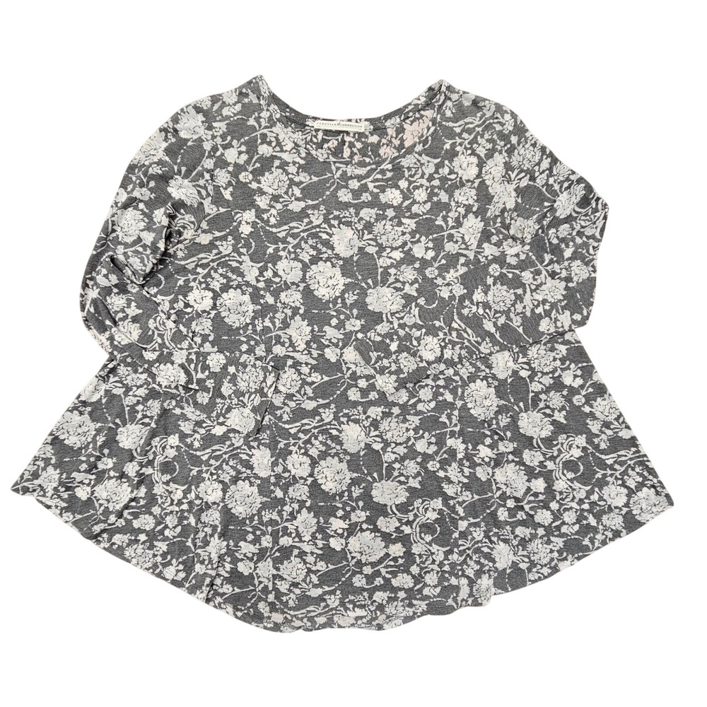 Peruvian Connection Tunic Top Women M/L Gray Floral Long Sleeve Knit Lagenlook